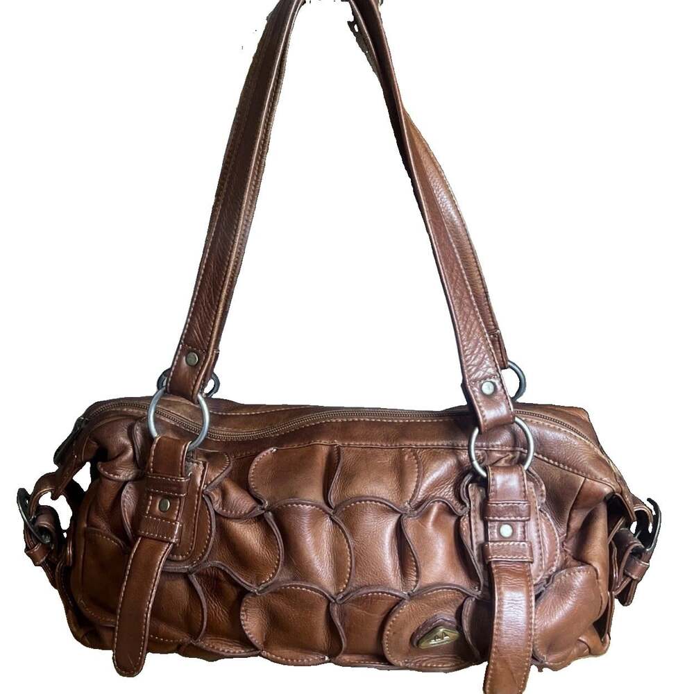 Vintage Hara Saddle Brown Petal-like Scale Pattern Leather Handbag Y2K Western